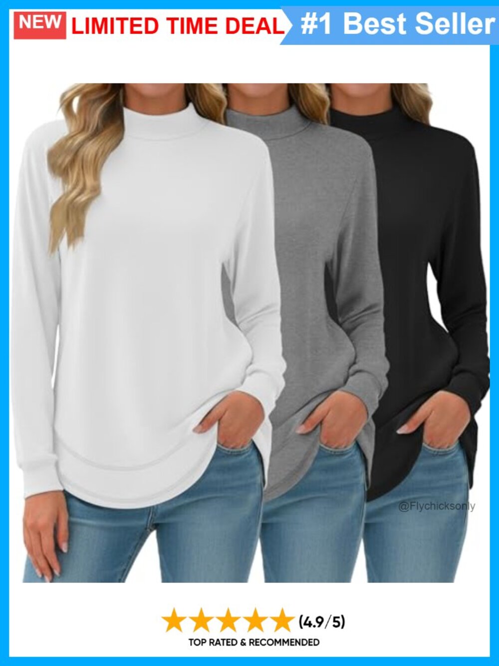 3 Pack Mock Neck Sweatshirts Long Sleeve Tops Loose Fit Tunic